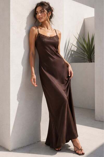 Madmext Brown Adjustable Strap Lace Detailed Women's Satin Dress Mg2660