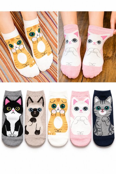 WORTHY SOCKS Pack of 5 Cat Patterned High Quality Colorful Booties Ankle Socks