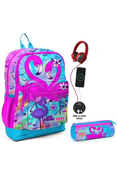 Coral High Mavi Pembe Flamingo Usb Soketli Okul Çantası Ve Kalemlik Seti - Kı...