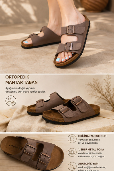 Erdem Store Double buckle nubuck slippers orthopedic cork sole daily comforta...