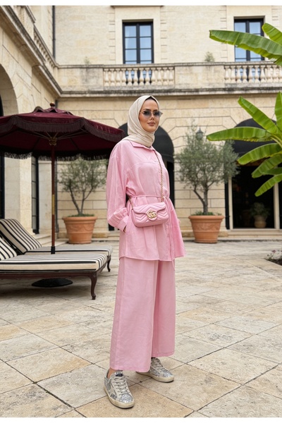 Aselim Hijap Moda طقم نسائي صيفي من قماش الكتان بلون الفراولة - أناقة مريحة م...