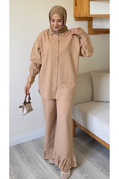 Molly Nelly Women's Cuff Detailed Linen Long Shirt Pants Set