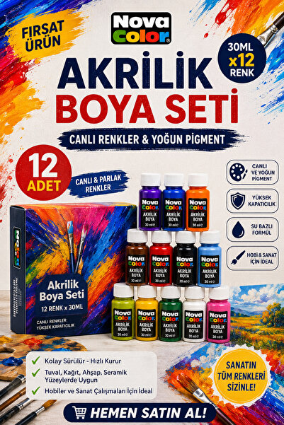 ANI OFİS KIRTASİYE A K Akrilik Boya Seti 12’li – Canlı Renkler ve Yoğun Pigment