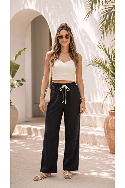 BADESSA Women's Black Linen Look Premium Textured High Waist Palazzo Trousers...