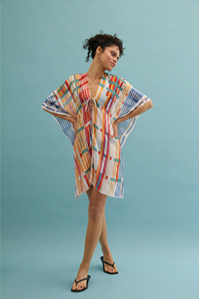 Silk and Cashmere Mavi Kırmızı İsla İpekli Baskılı Kimono