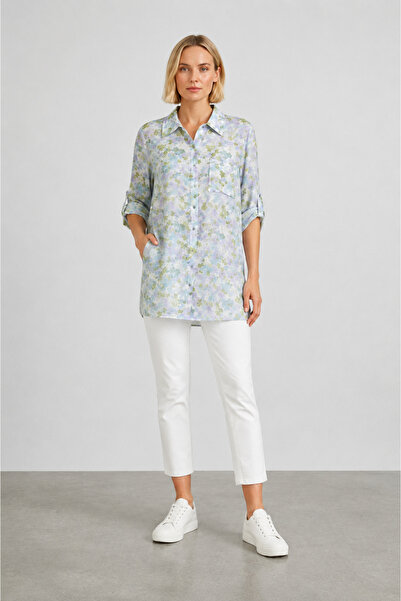 bihan store Women's Floral Patterned Oversize Shirt-1142 - Green