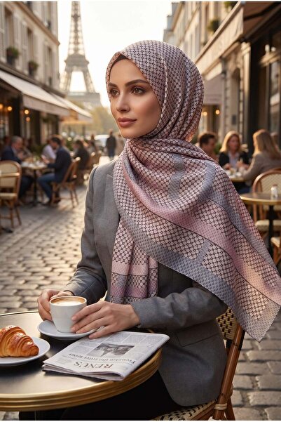 Vissona 100% İPEK BANT DESENLİ PUDRA RENKLİ ŞAL