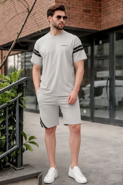 Madmext Boyalı Gri Şerit Detaylı Erkek Şort T-shirt Takım E7301