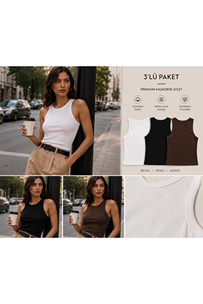 GÖZDE GİYİM Kadın 3’lü Paket Halter Yaka Fitilli Likralı Atlet Kırmızı Siyah Beyaz