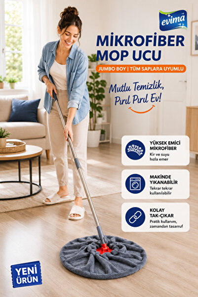 EVİMA Lüks Mikrofiber Mop Ucu Gri Renk | Profesyonel Temizlik, İz Bırakmaz, T...