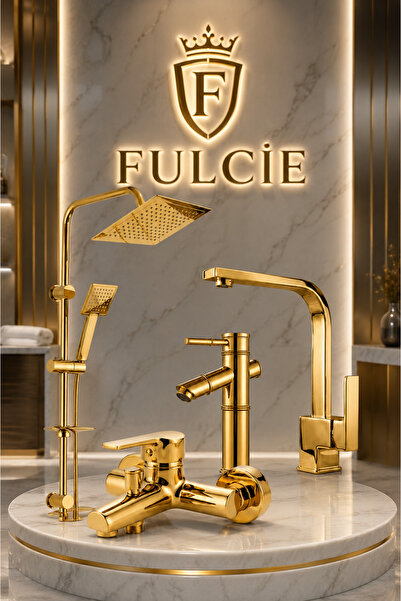 Fulcie RocciArmatur 4’lü Batarya Seti Gold Altın Pirinç Banyo Bambu Lavabo Ka...