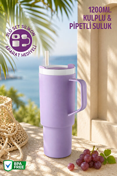Nandy Home Büyük Boy, Kulplu ve Pipetli 1200Ml. Suluk & Matara - Silikon Apar...