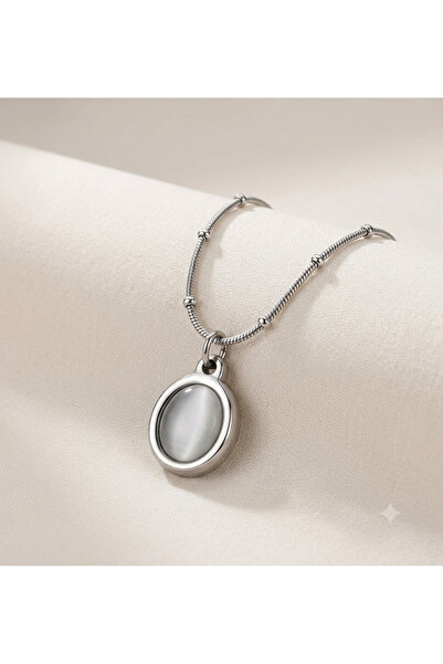Siya Silver Oval Beyaz Sedefli Yılan Zincirli Kararmaz Çelik Kolye