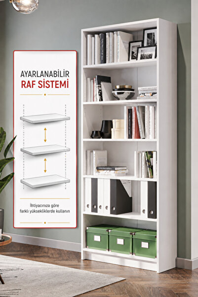 Hofga Bili Kitaplık 5 Raflı Geniş Çok Amaçlı Ofis Salon Kitap Dosya Rafı Beyaz