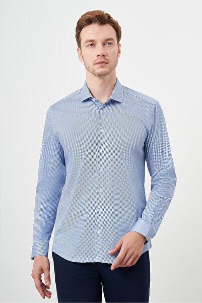 Morven Men's Blue Cotton Printed Patterned Italian Lapel Slim Fit Shirt