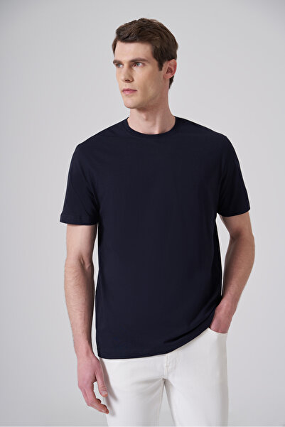 Morven Tricou din bumbac, albastru bleumarin, cu decolteu rotund, cu potrivir...