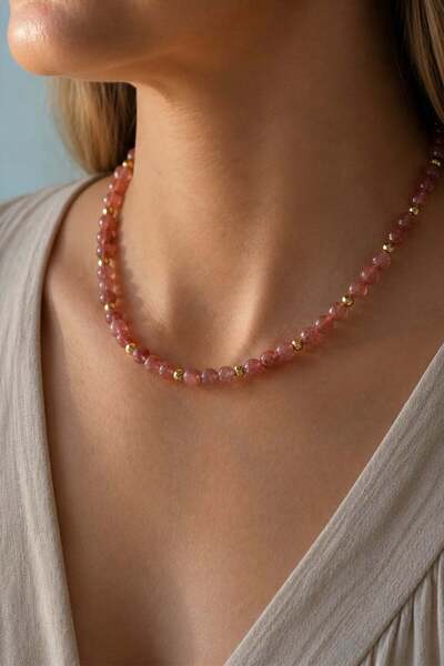 Orenda Design Strawberry Quartz Natural Stone Necklace |   Love and Joy Energ...