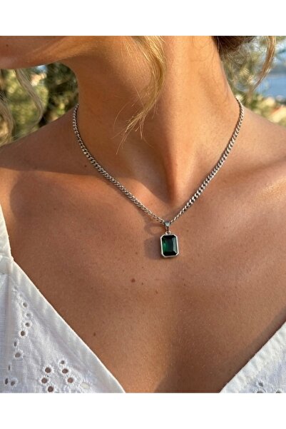 Melanj Craft Square green stone steel necklace - silver