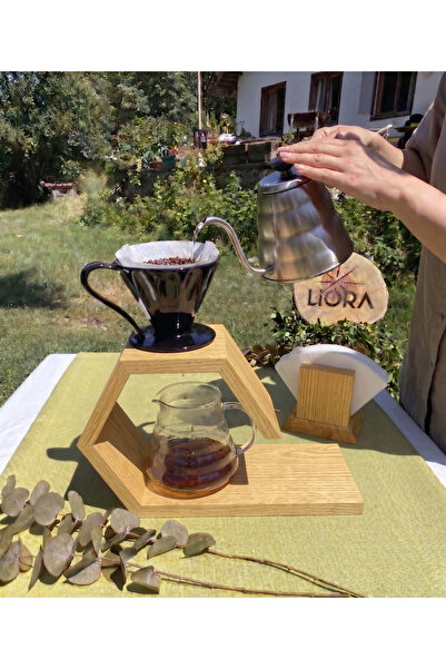 Lioracommerce Ahşap V60 Kahve Demleme Dripper Seti, Kahve Pot ve Filtre Kağıd...