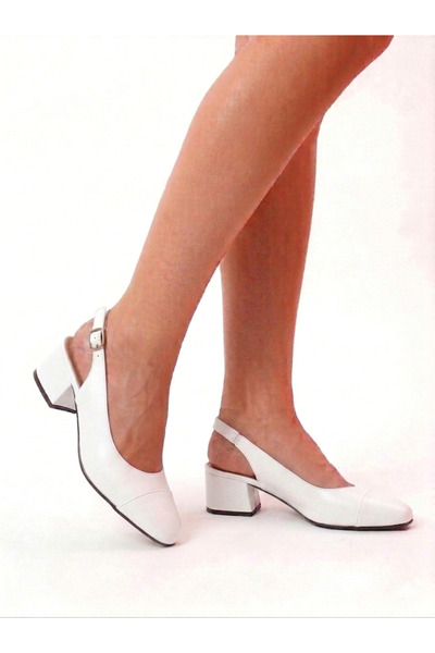NZN Genuine Leather White 4 cm Heeled Square Toe Stitched Classic Sandal Shoes
