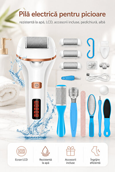 Regal Bliss Pilă electrică pentru picioare, rezistentă la apă, LCD, accesorii...