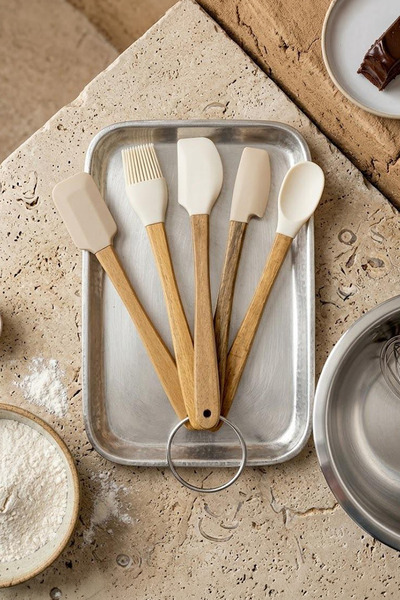 Kitchen Life 5 Parça Bambu Saplı Silikon Spatula Seti Kek, Kurabiye, Yağ Fırç...