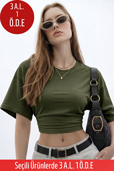 COMBİNE MİCHAİL Kadın Basic Bel Detaylı Haki Crop Bluz