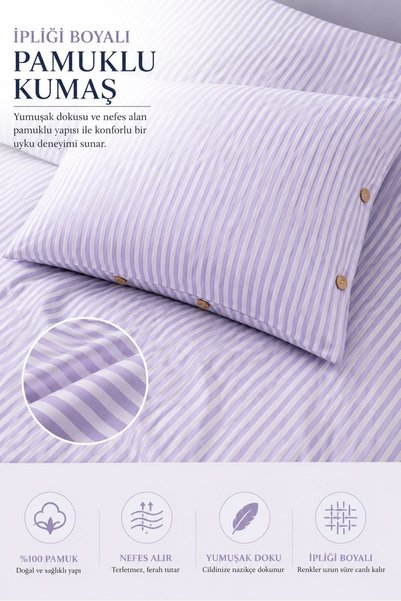 Larispera Yarn Dyed Cotton Double Striped Buttoned Duvet Cover Set 200X220 cm King Size Lilac