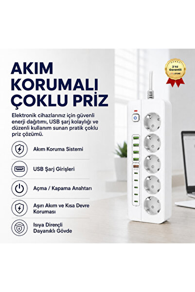 hızlı store Akım Korumalı Çoklu Priz – USB Girişli, Anahtarlı, Yüksek Güvenli...