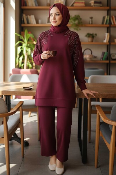Genel Markalar Taş Detaylı Modal İkili Takım - 28045-BORDO
