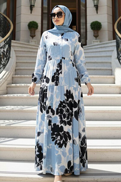N.S NEVA STYLE Patterned Baby Blue Hijab Dress 24017Bm