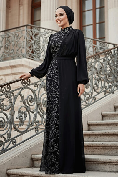 Neva Style Şifon Detaylı Pul Payet Gümüş Tesettür Abiye Elbise 5516GMS