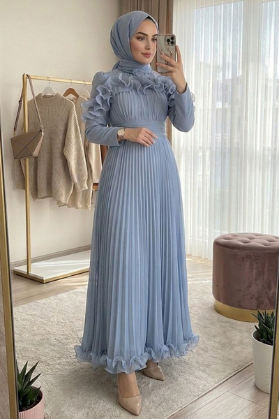 N.S NEVA STYLE Fırfır Detaylı Mavi Tesettür Abiye Elbise 55691M
