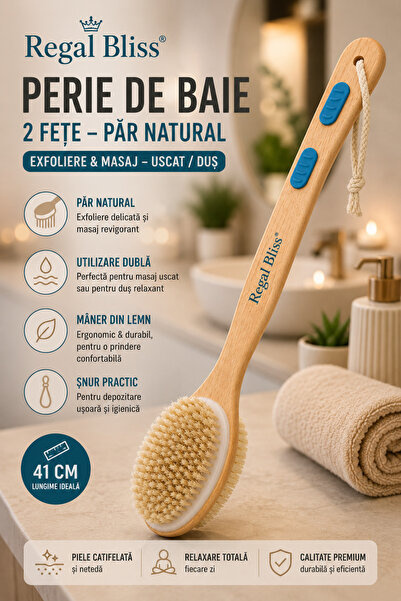 Regal Bliss Perie baie Regal Bliss®, 2 fețe, păr natural, mâner lemn, exfolie...