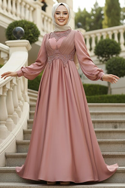 Neva Style İnci Detaylı Drapeli Kiremit Tesettür Abiye Elbise 21890KRMT