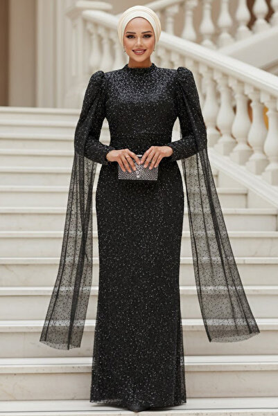 Neva Style Payetli Siyah Tesettür Abiye Elbise 52241S
