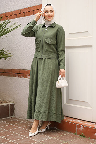 Neva Style Ceketli Haki Tesettür Etekli İkili Takım 44723HK