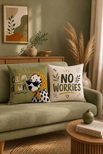 Sakallı 2'li Dekoratif Kırlent Kılıfı seti-Dalmaçyalı köpek ve no worries yaz...