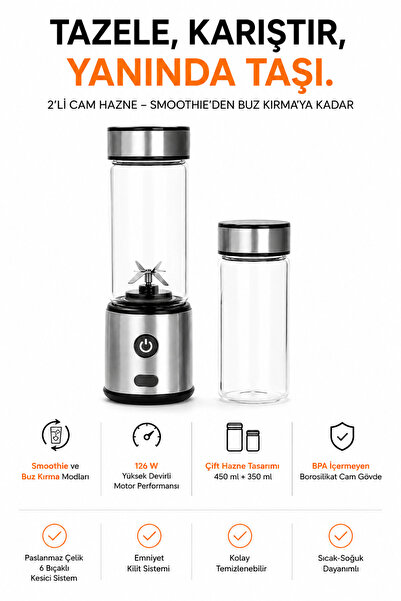 Ayers Taşınabilir Mini Blender, 126 W Yüksek Devirli Motorlu Kişisel Blender,...