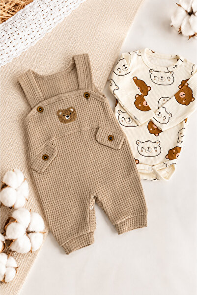 VERONA TARZ Baby Boy Embroidered Bear 2-Piece Salopet Set Long Sleeve Snap Fa...