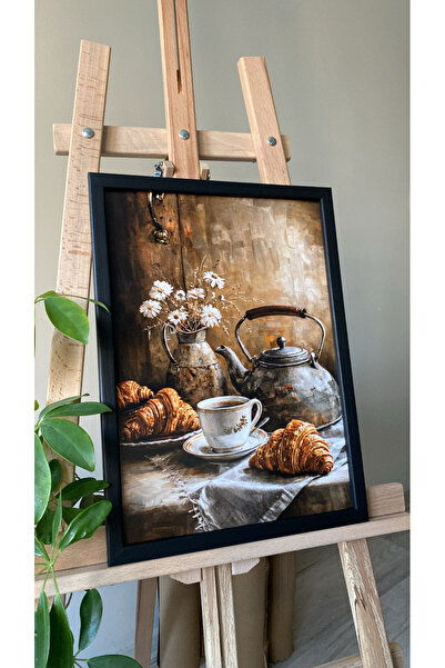 tablodea Vintage Çay Saati Temalı Yağlı Boya Görünümlü Dekoratif Çerçeveli Ta...