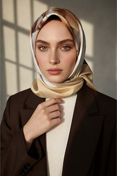 Vissona %100 Twill İpek Büyük Çiçek Desenli Sütlü Kahve - Vizon Renkli 90x90 ...