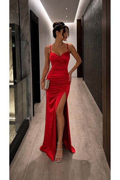 Modafeminen Rochie de seară din satin cu șliț și bretele Siete 582177 Roșu