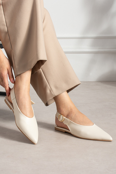 LORENN SHOES Hilda Beige Matte Pointed Toe Belt Detailed Short Heeled Women's...