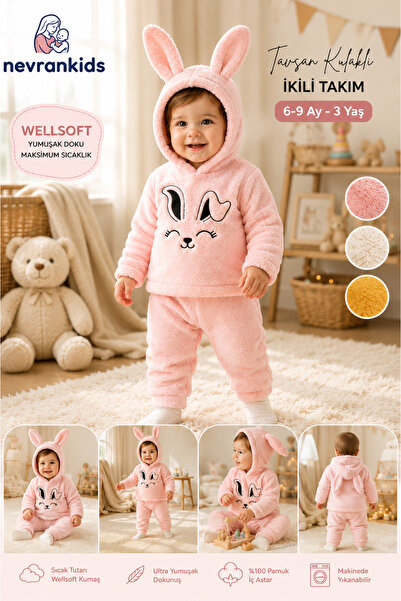 nevrankids Tavşan Nakışlı Welsoft 2'li Bebek Takımı (Kulaklı Kapüşonlu) - Pembe