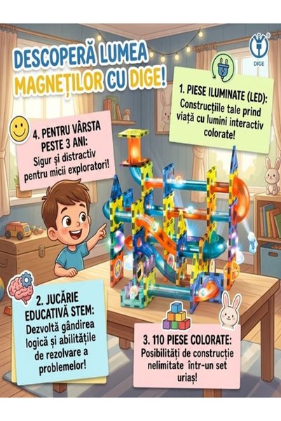 ISO TRADE Set de constructie piese magnetice tip pista Light Magnetic Blocks, Dige, educativ STEM cu lumini si bile, 110 piese, Plastic, Multicolor