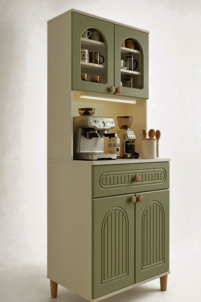UPSTYLE Barista LED Aydınlatmalı Kahve Köşesi Dolabı Retro Büfe 195cm MDF Koy...