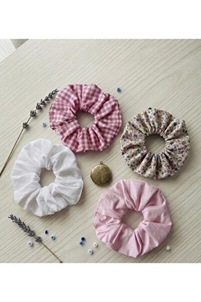 GENCATELİER Pembe Tonlarında Çiçekli Ekose Scrunchies Pofuduk Saç Lastiği 4'l...