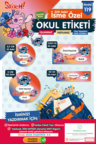 t tuğset etiket Okul Etiketi  Stitch Temalı Kalem Defter Etiketi Özel İsim Ya...