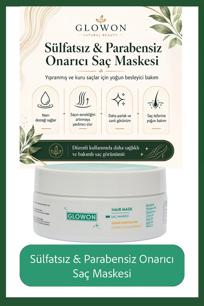 GLOWON Sülfatsız & Parabensiz Onarıcı Saç Maskesi – Yıpranmış ve Kuru Saçlar ...